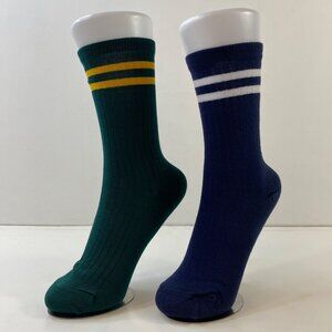 Womens Crew Socks Set 2 Stripes Green Blue Yellow White